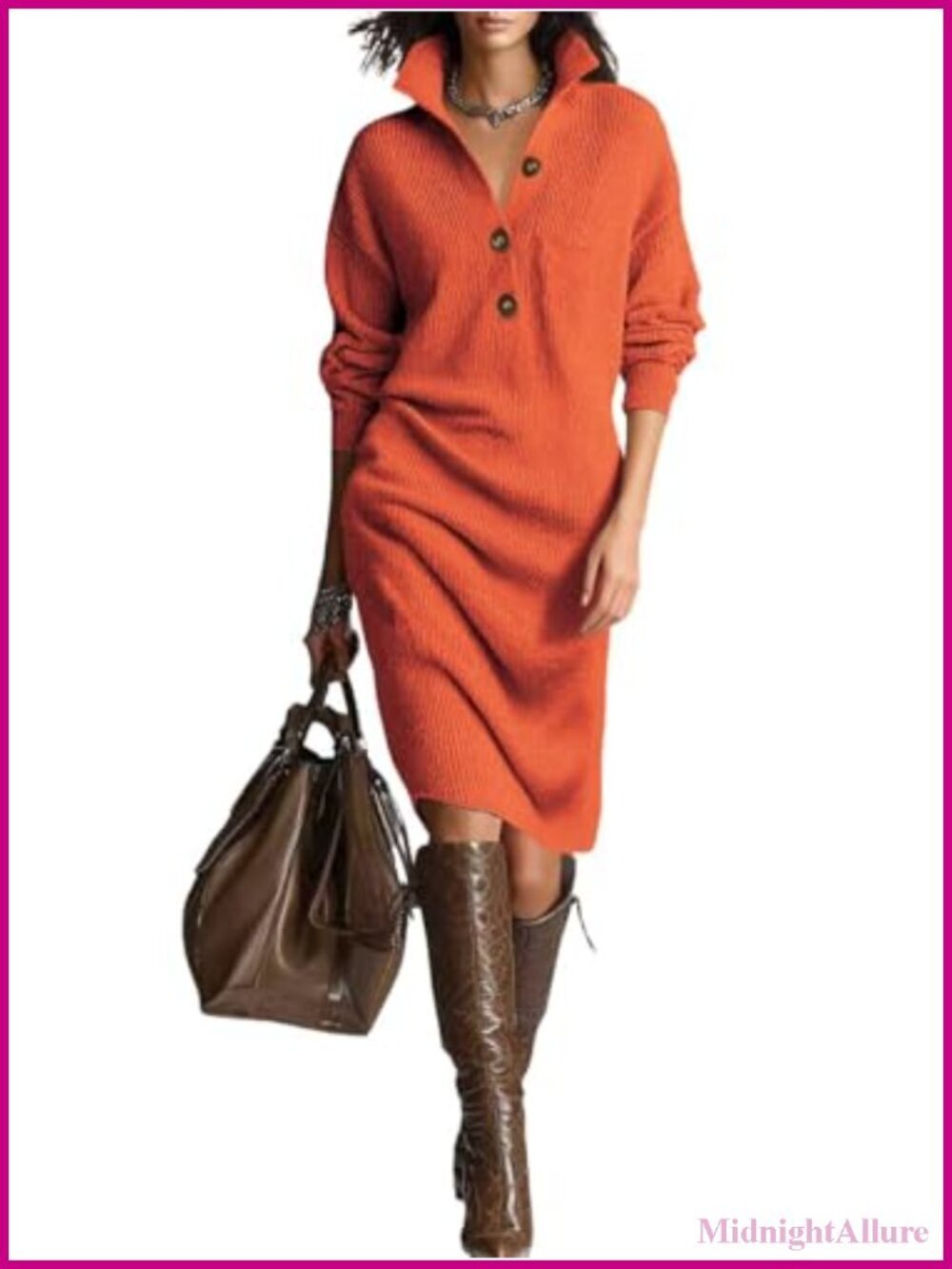 Women's Ribbed Knit Sweater Dress Button Up Polo Collar Long Sleeve Midi Dress